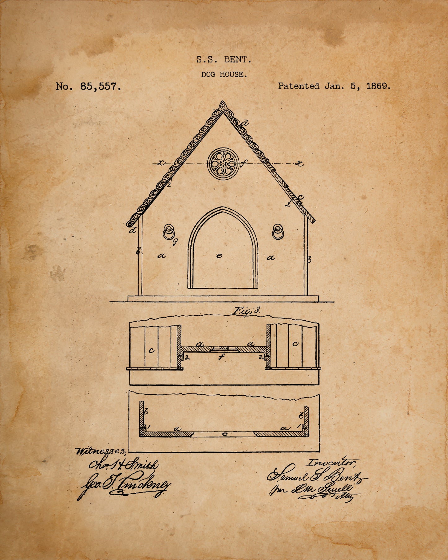 Set of 4 Patent Prints - Dog Collar, Harness, Biscuit & Dog House - 1869 - 1927