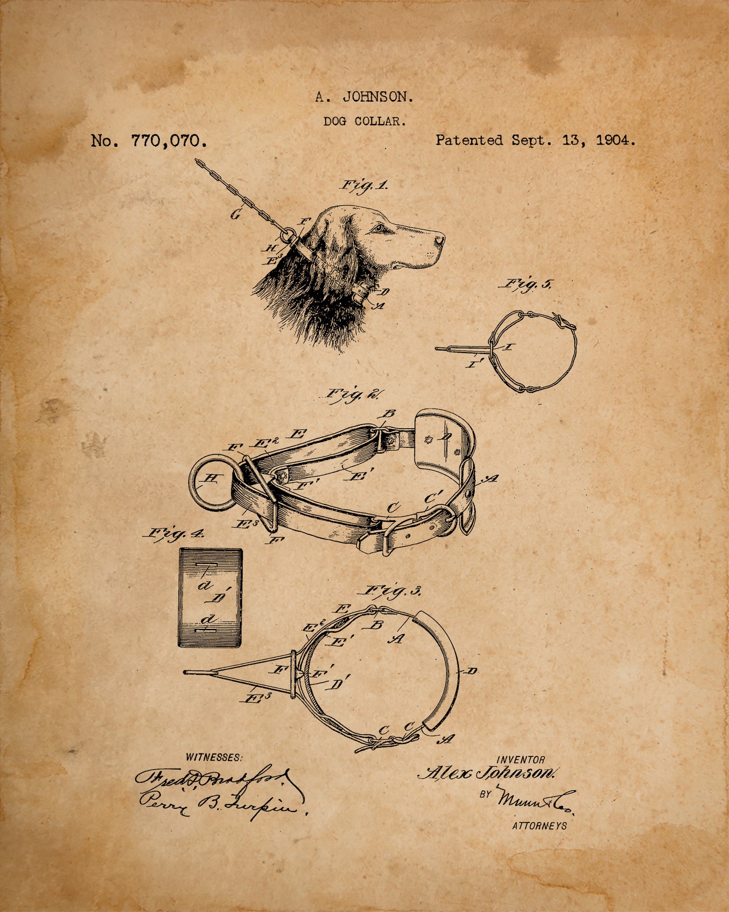 Set of 4 Patent Prints - Dog Collar, Harness, Biscuit & Dog House - 1869 - 1927