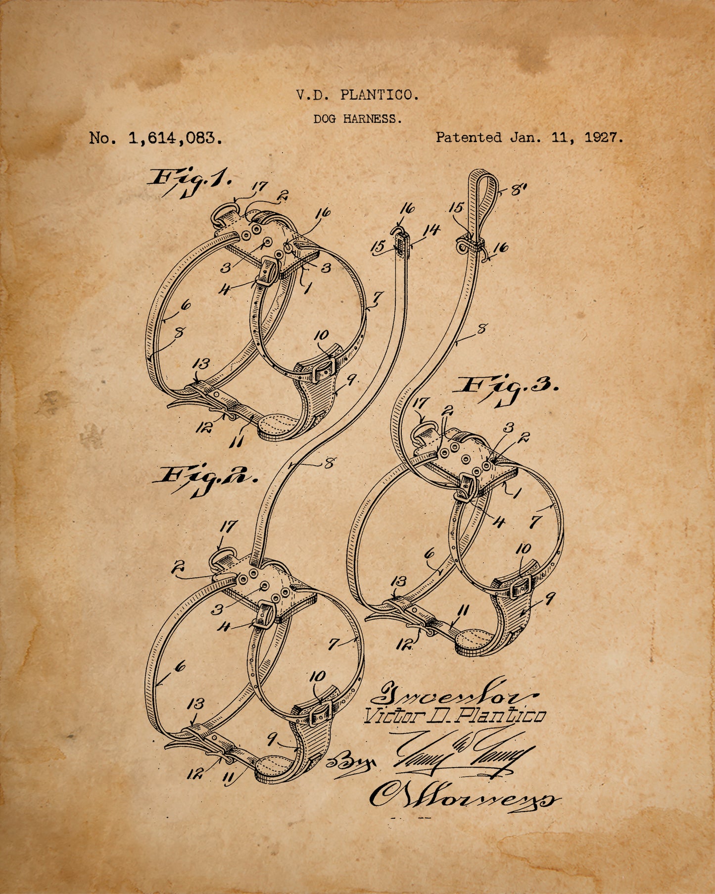 Set of 4 Patent Prints - Dog Collar, Harness, Biscuit & Dog House - 1869 - 1927
