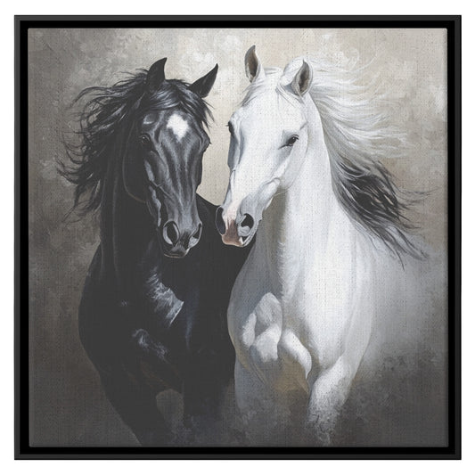 Gorgeous Canvas of 2 Horses Running - Beautiful Black Horse and White Horse