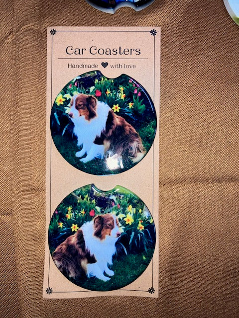 2 Red Dogs Personalized Car Coasters – Custom Photo or Pet Name – Unique Gift for Dog Lovers – Set of 2 Ceramic Coaster