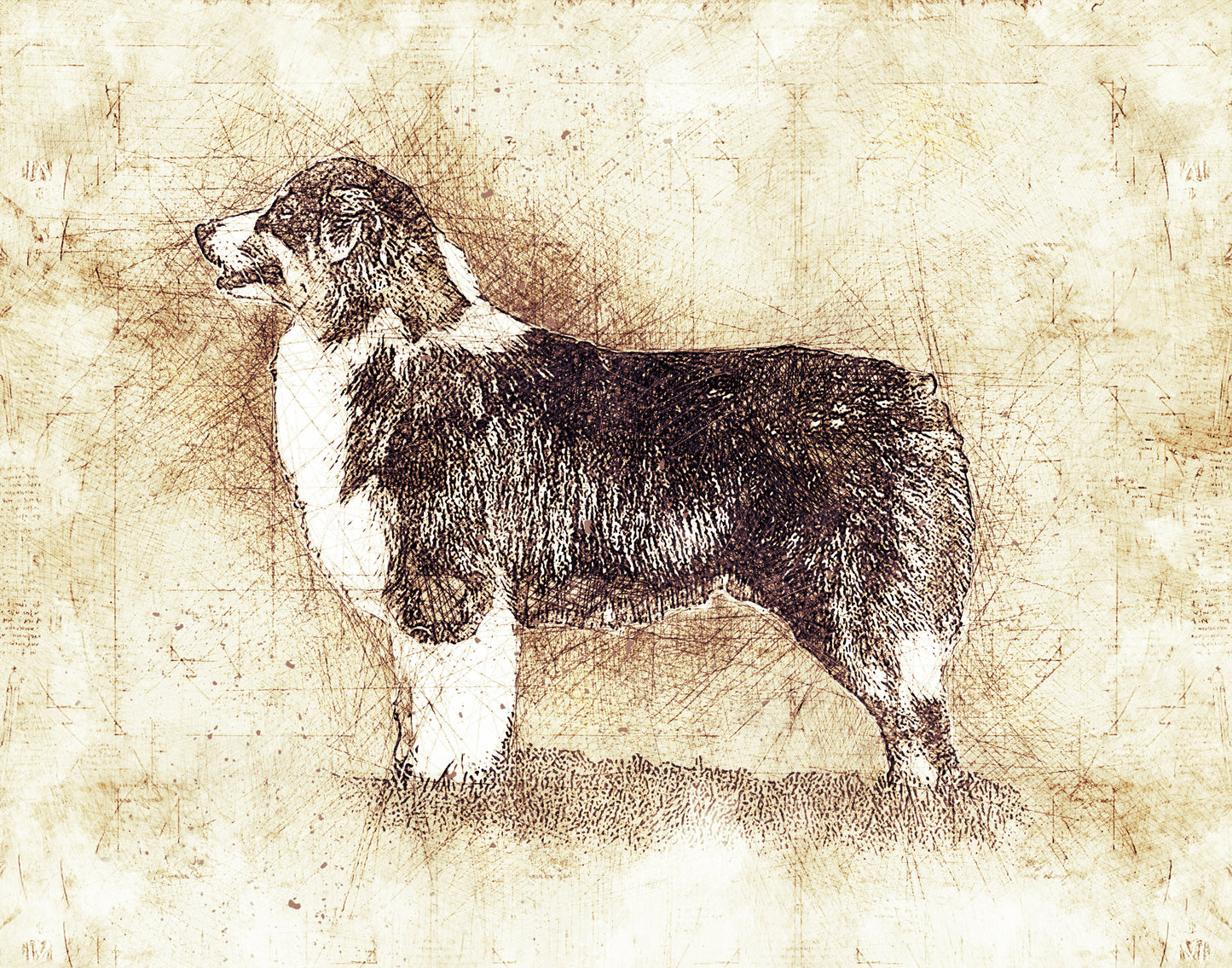 11 x 14" Sketch of an Australian Shepherd - Da Vinci Style - UNFRAMED