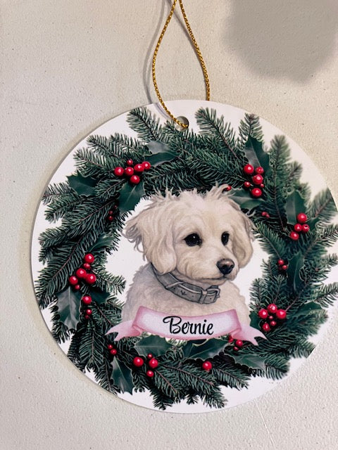 White Fluffy Dog Ceramic Christmas Ornament