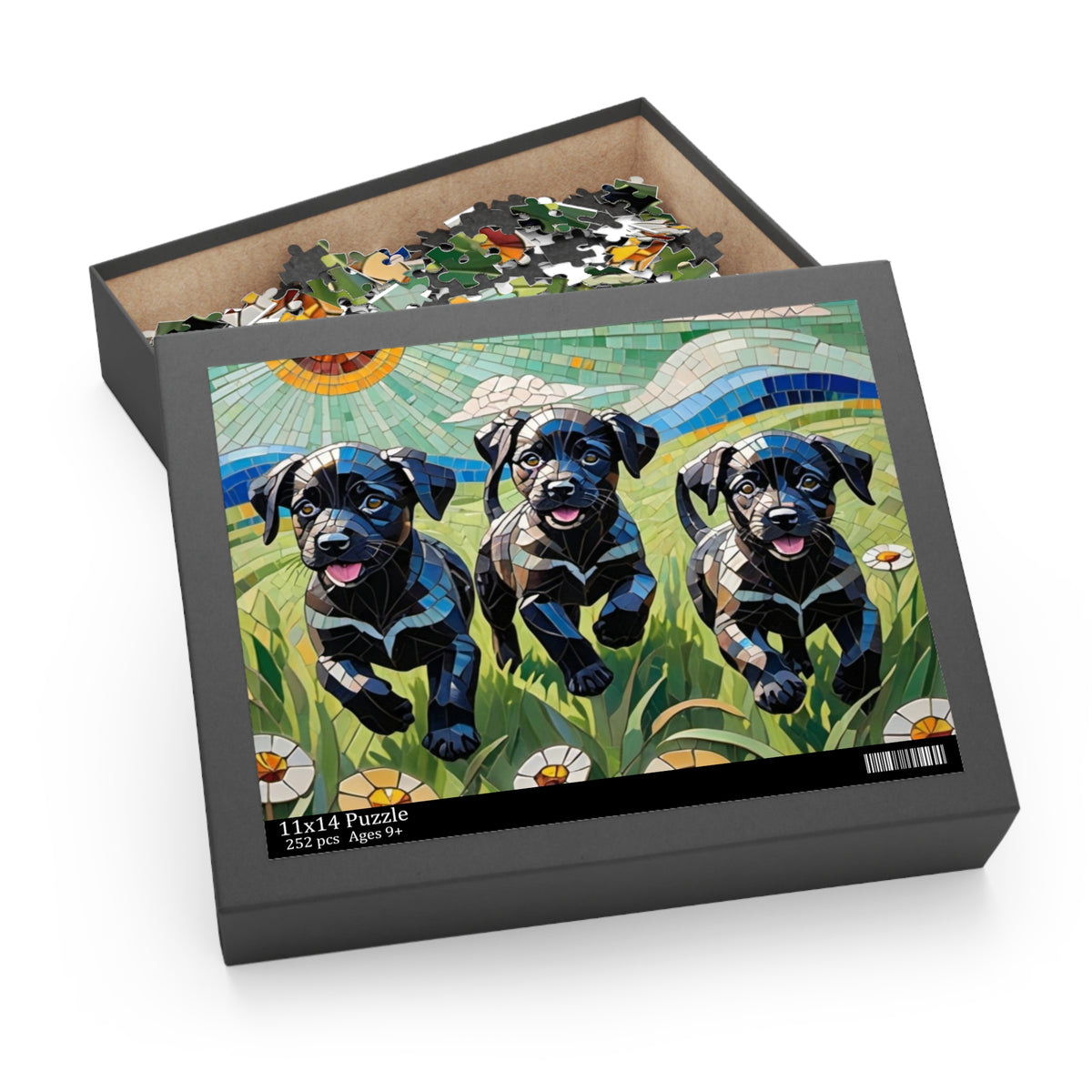 Fun Puppy Jigsaw Puzzle for the whole Family.  Lab Puppies Mosaic.  Available in 3 sizes.