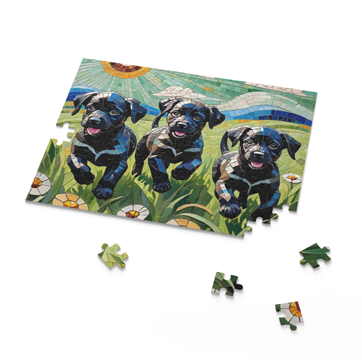 Fun Puppy Jigsaw Puzzle for the whole Family.  Lab Puppies Mosaic.  Available in 3 sizes.