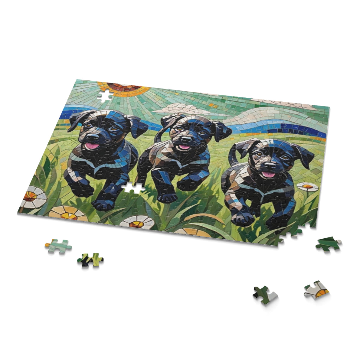 Fun Puppy Jigsaw Puzzle for the whole Family.  Lab Puppies Mosaic.  Available in 3 sizes.