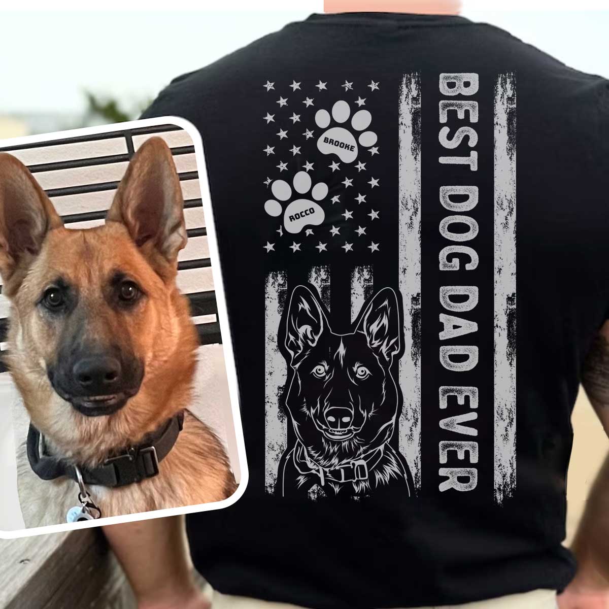 Awesome Personalized Best Dog Dad Ever Shirt - With Custom Drawn Dog Portrait & Names of Dad & Dog