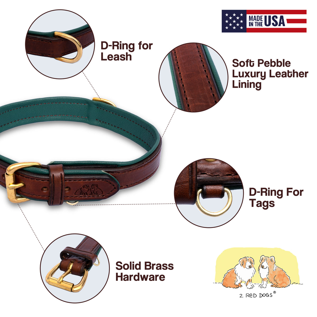 Amish Made Luxury Leather Dog Collar - Havana Brown with Hunter Green or Royal Blue Pebble Leather Lining