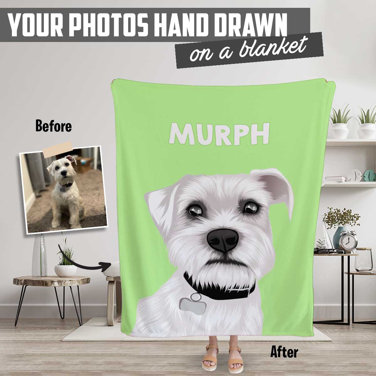 Custom Dog Portrait Blanket - Send a Photo and our Artist will create it for you.