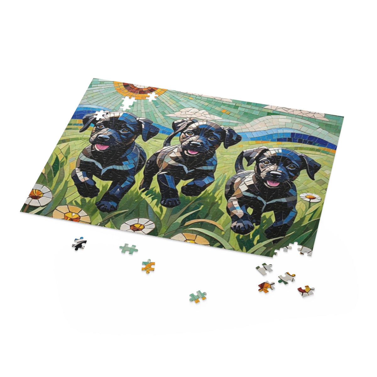 Fun Puppy Jigsaw Puzzle for the whole Family.  Lab Puppies Mosaic.  Available in 3 sizes.