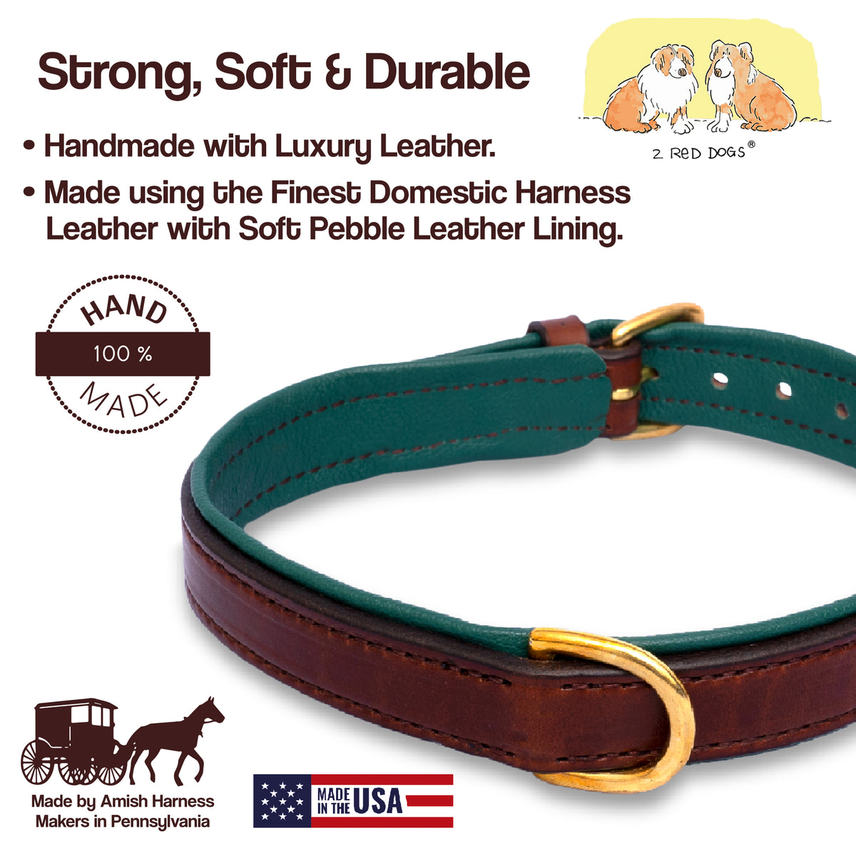 Amish Made Luxury Leather Dog Collar - Havana Brown with Hunter Green or Royal Blue Pebble Leather Lining