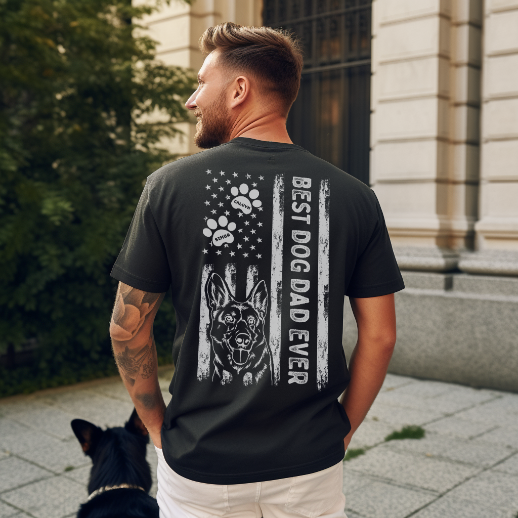 Awesome Personalized Best Dog Dad Ever Shirt - With Custom Drawn Dog Portrait & Names of Dad & Dog