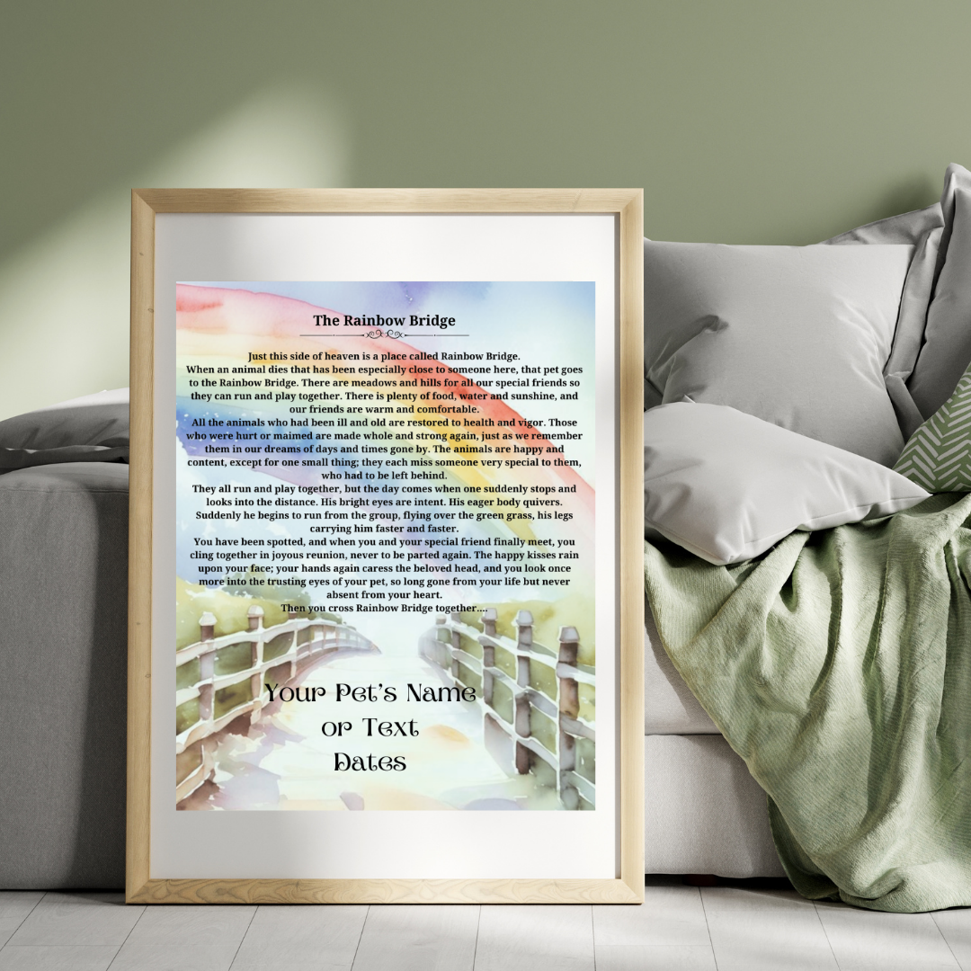 The Rainbow Bridge - Beautiful Art Print Customized with your Pet's Name(s), Text, Date - Ready to Frame 8" x 10" as a Beautiful Memorial