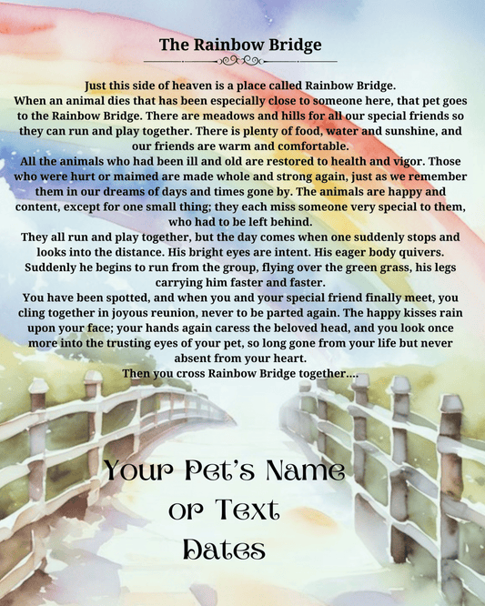 The Rainbow Bridge - Beautiful Art Print Customized with your Pet's Name(s), Text, Date - Ready to Frame 8" x 10" as a Beautiful Memorial