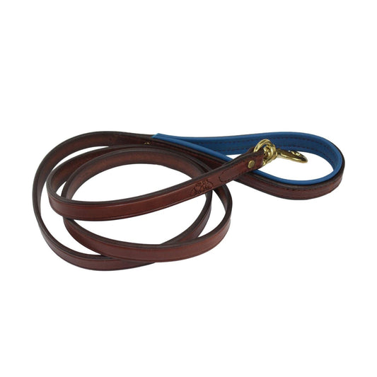 Amish Made Leather Dog Leash - 6 Ft. Length - Padded Handle for Comfort - Domestic Cow Hide and Royal Blue Soft Pebble leather padding.