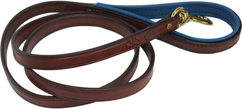 Amish Made Leather Dog Leash - 6 Ft. Length - Padded Handle for Comfort - Domestic Cow Hide and Royal Blue Soft Pebble leather padding.